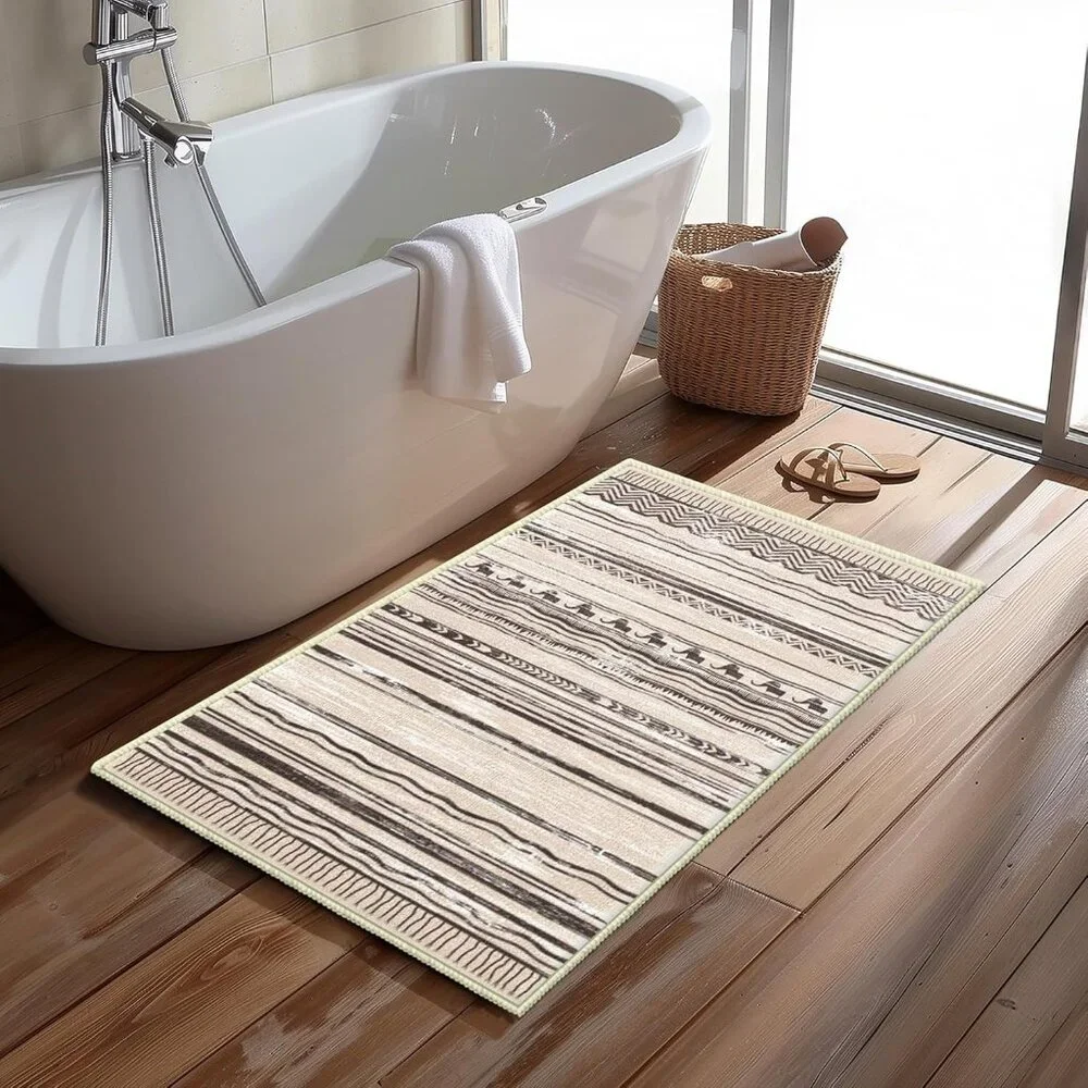 Area Rug 2'x3' Machine Washable Door Mat Bathroom Boho Gray Low Pile Non Slip